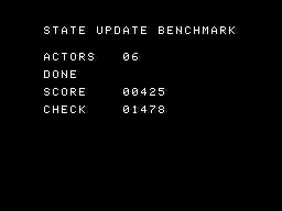 Amy Studio gameplay state update benchmark running in GearColeco
